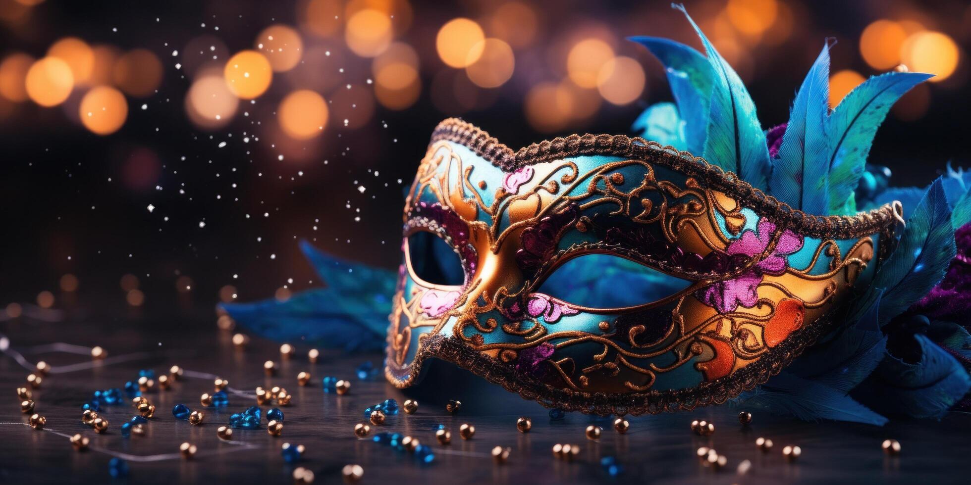 ai generiert ein Karneval Maske auf das Bokeh Hintergrund mit Beleuchtung, foto