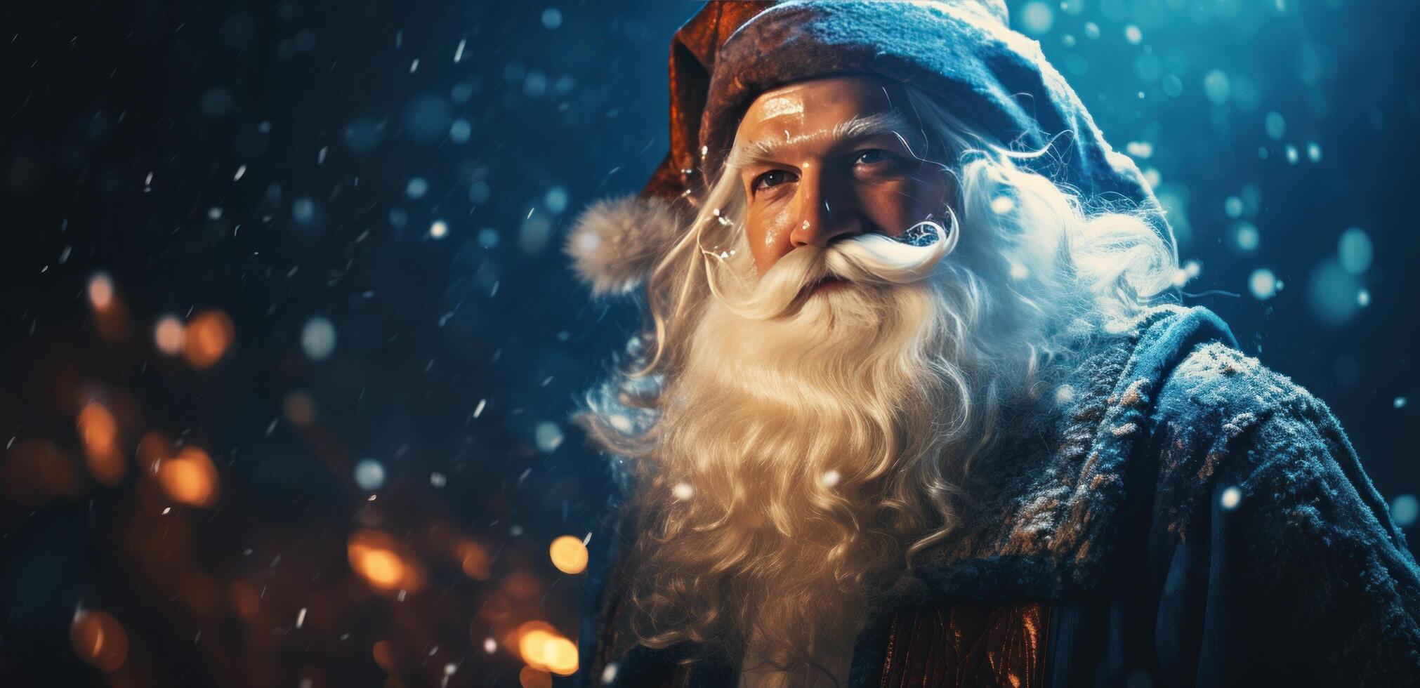 ai generiert Weihnachten Santa mit Blau Beleuchtung auf seine Gesicht foto