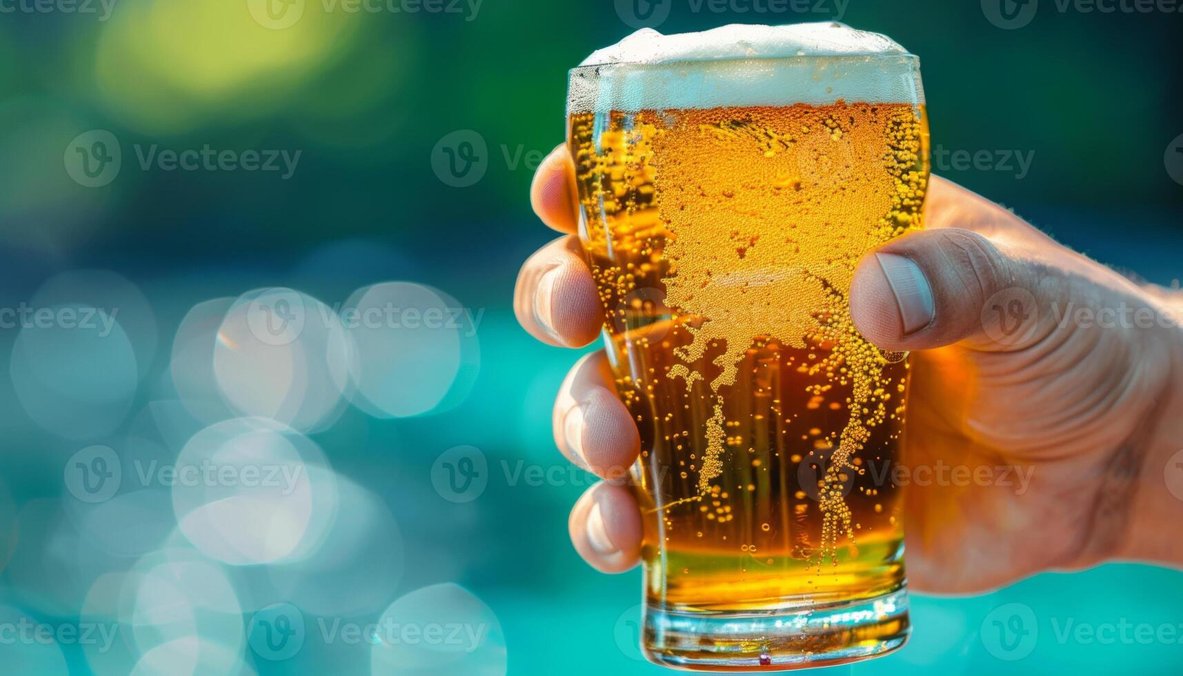 ai generiert Seite Aussicht von Hand halten Bier Glas isoliert auf Pastell- Hintergrund mit Raum zum Text foto