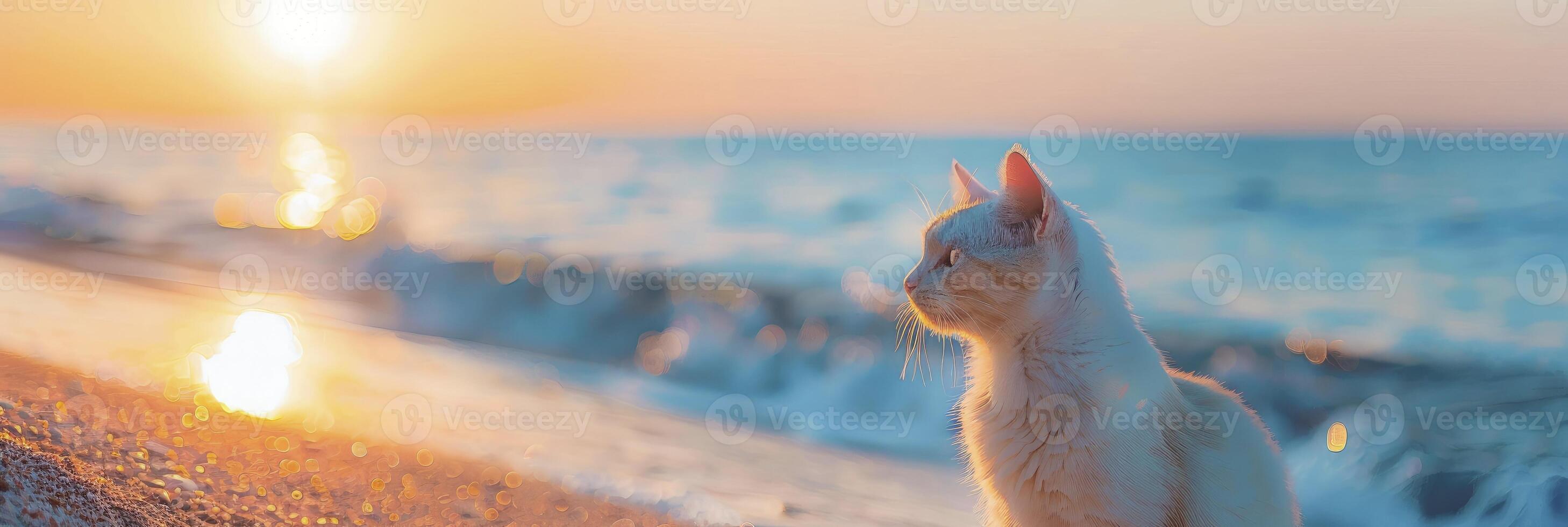 ai generiert Weiß Katze Aufpassen Sonnenaufgang auf Blau Strand Strand foto