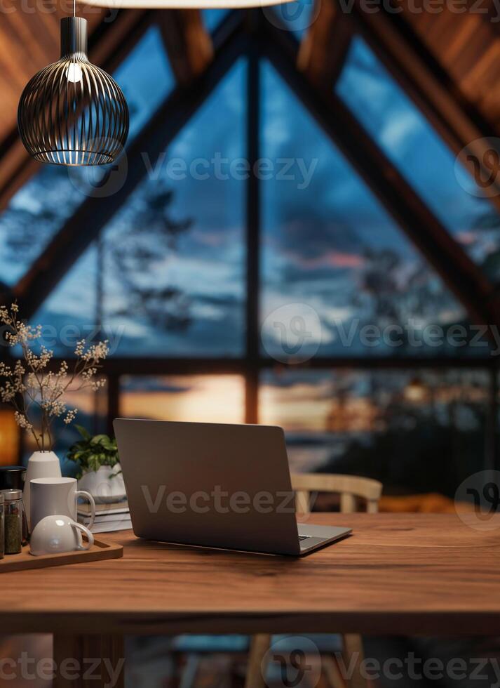 ein Laptop auf ein hölzern Schreibtisch im ein modern gemütlich Kabine Haus Leben Zimmer im das Abend mit ein Sonnenuntergang Aussicht foto