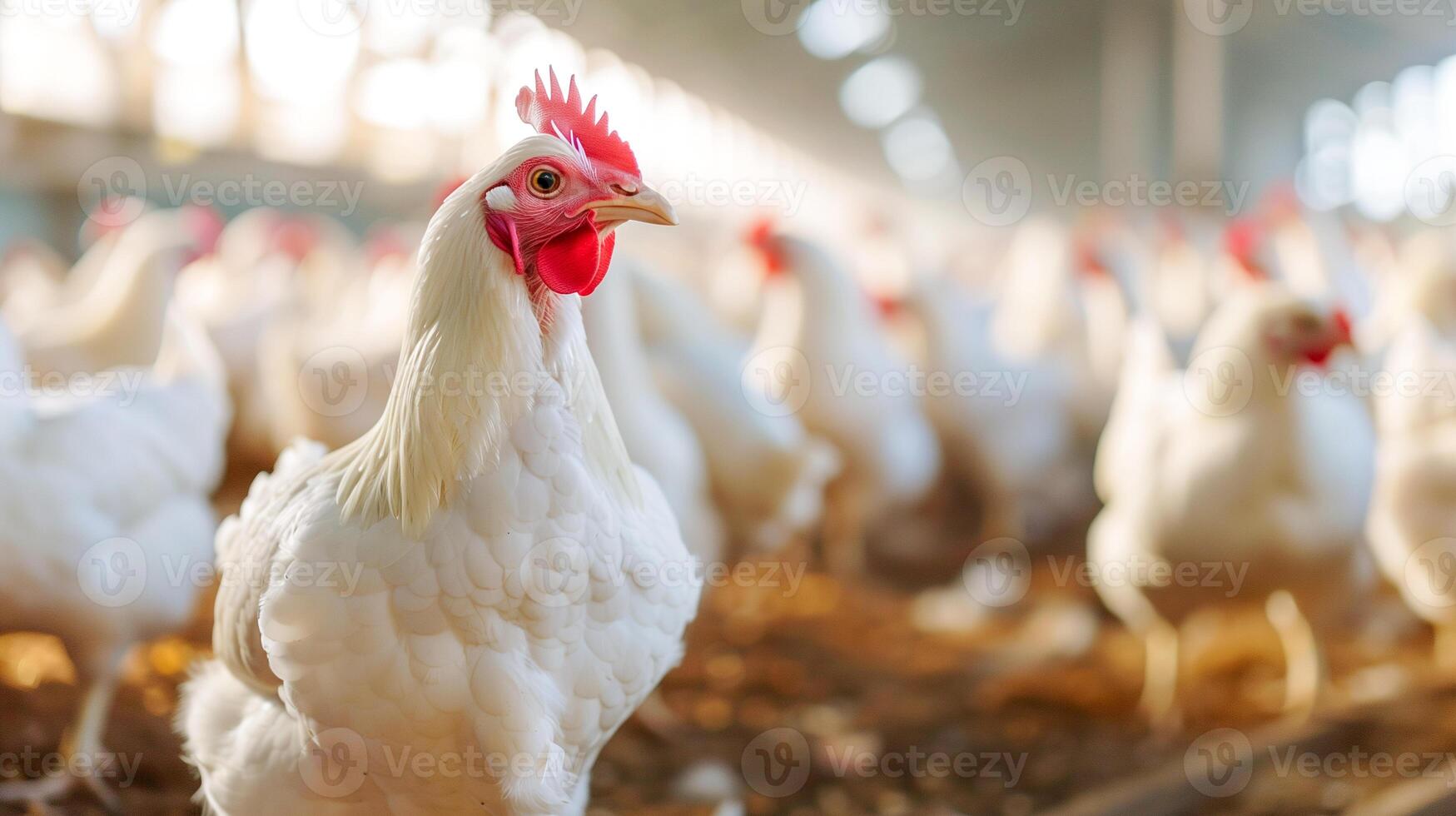 ai generiert Weiß Hähnchen Gruppe Tier im Bauernhof. foto