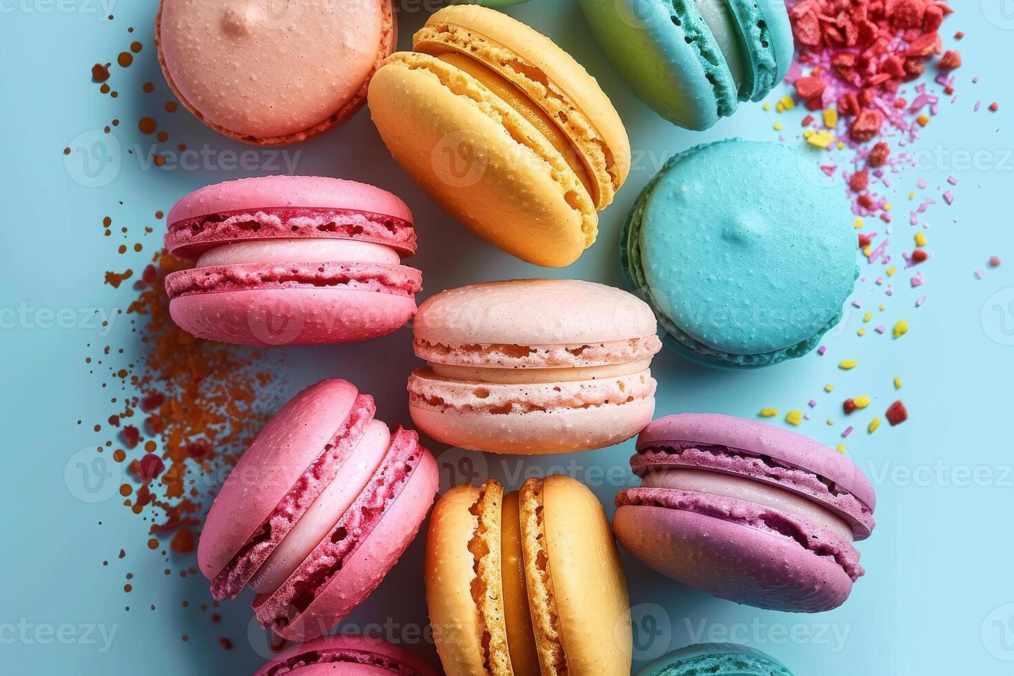 ai generiert beschwingt Array von Macarons suspendiert im in der Luft gegen ein cool Blau Hintergrund. generativ ai foto