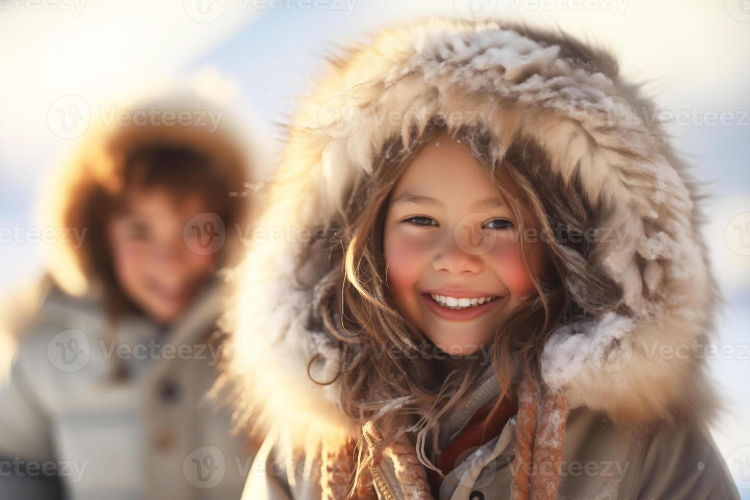 ai generiert froh Eskimo Kinder auf ein Winter Hintergrund foto