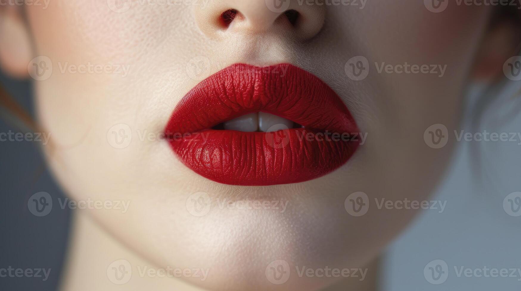 ai generiert Mittel karminrot Farbe Lippenstift auf Lippen foto