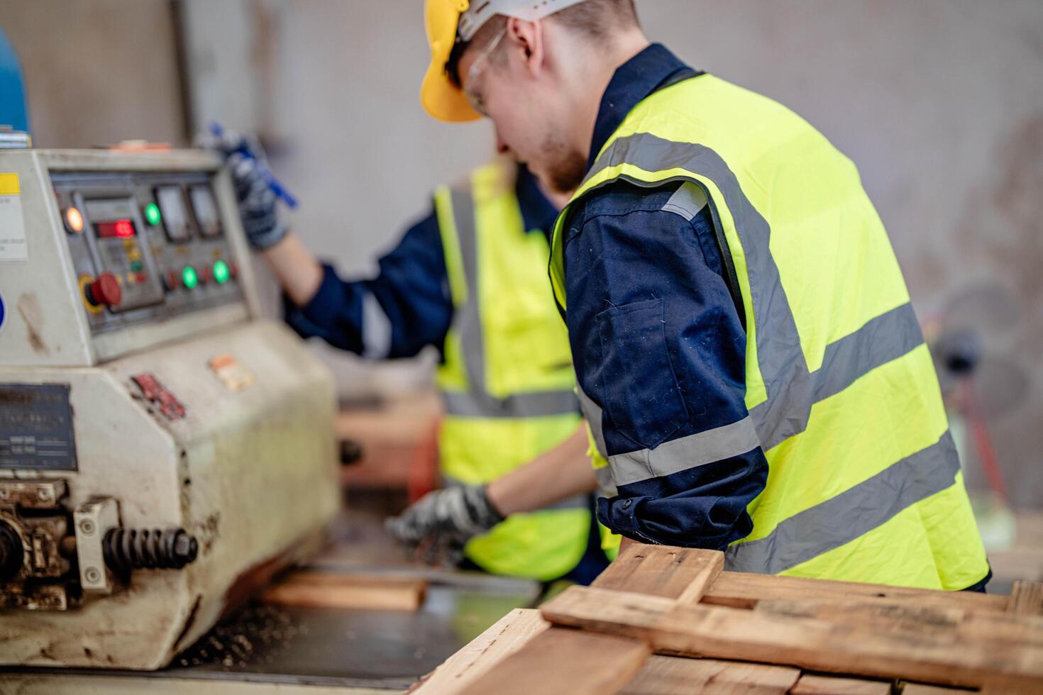 Arbeiter Tischler Arbeiten im Maschinen zu Schnitt Holz Holz. Mann und Frau sind basteln mit Holz im ein Werkstatt. zwei Handwerker oder Handwerker Arbeiten mit Zimmermann Werkzeuge oder elektrisch Maschinen. foto