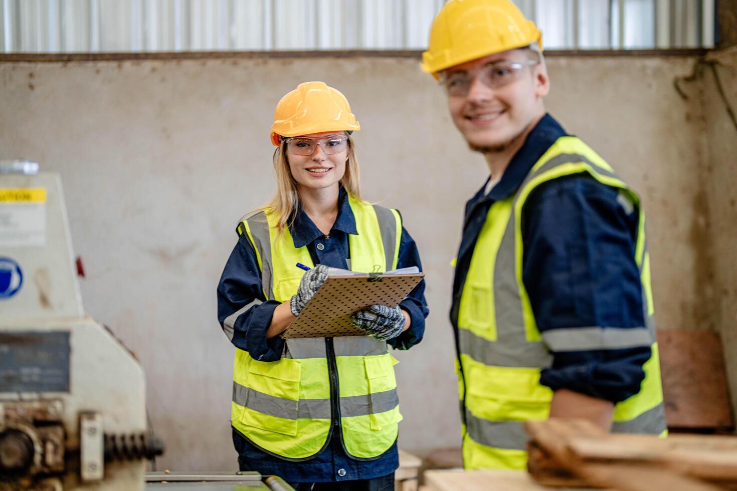 Arbeiter Tischler Arbeiten im Maschinen zu Schnitt Holz Holz. Mann und Frau sind basteln mit Holz im ein Werkstatt. zwei Handwerker oder Handwerker Arbeiten mit Zimmermann Werkzeuge oder elektrisch Maschinen. foto