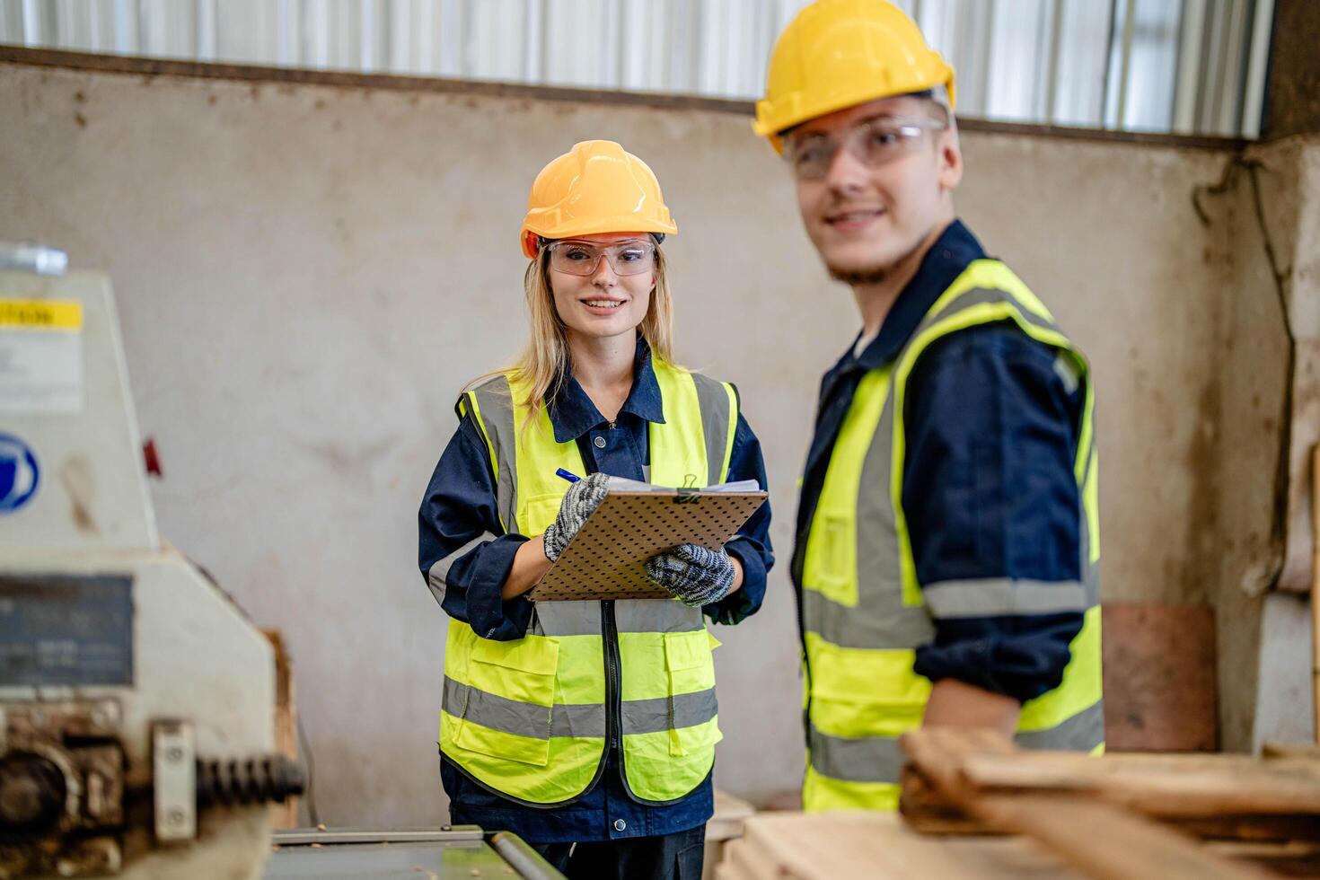 Arbeiter Tischler Arbeiten im Maschinen zu Schnitt Holz Holz. Mann und Frau sind basteln mit Holz im ein Werkstatt. zwei Handwerker oder Handwerker Arbeiten mit Zimmermann Werkzeuge oder elektrisch Maschinen. foto