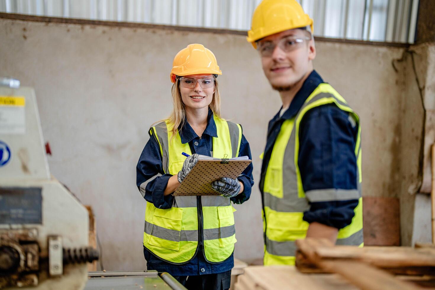 Arbeiter Tischler Arbeiten im Maschinen zu Schnitt Holz Holz. Mann und Frau sind basteln mit Holz im ein Werkstatt. zwei Handwerker oder Handwerker Arbeiten mit Zimmermann Werkzeuge oder elektrisch Maschinen. foto