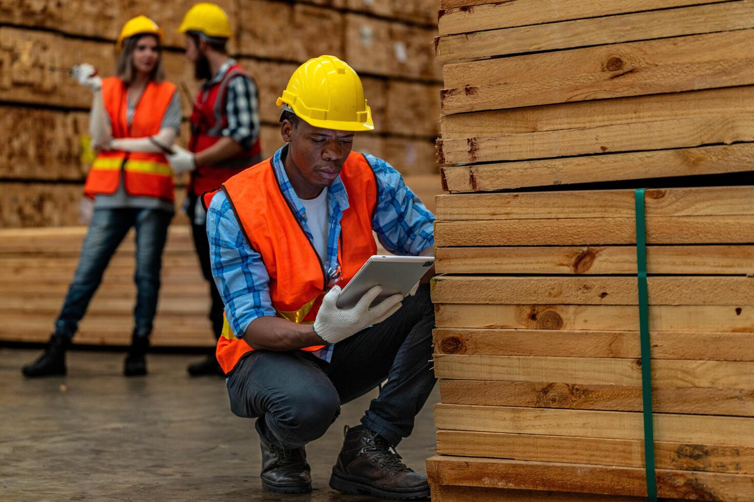 afrikanisch Arbeiter Zimmermann tragen Sicherheit Uniform und schwer Hut Arbeiten und Überprüfung das Qualität von hölzern Produkte beim Werkstatt Herstellung. Mann und Frau Arbeitskräfte Holz im dunkel Warenhaus Industrie. foto