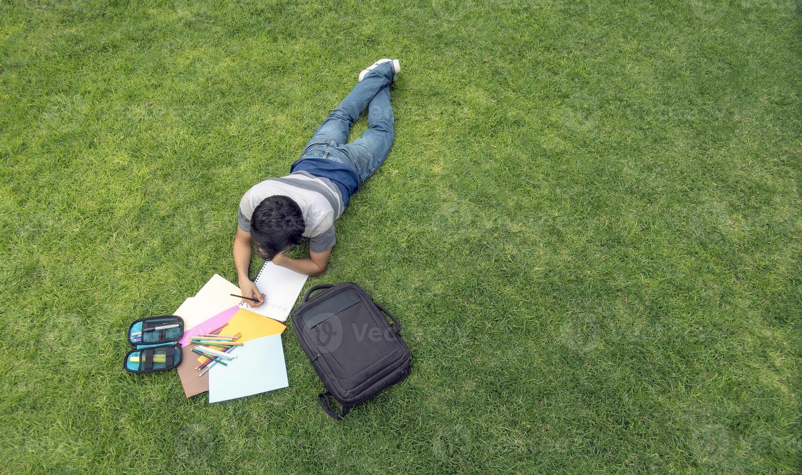 ein männlich Schüler Lügen auf das Gras Schreiben im ein Notizbuch foto