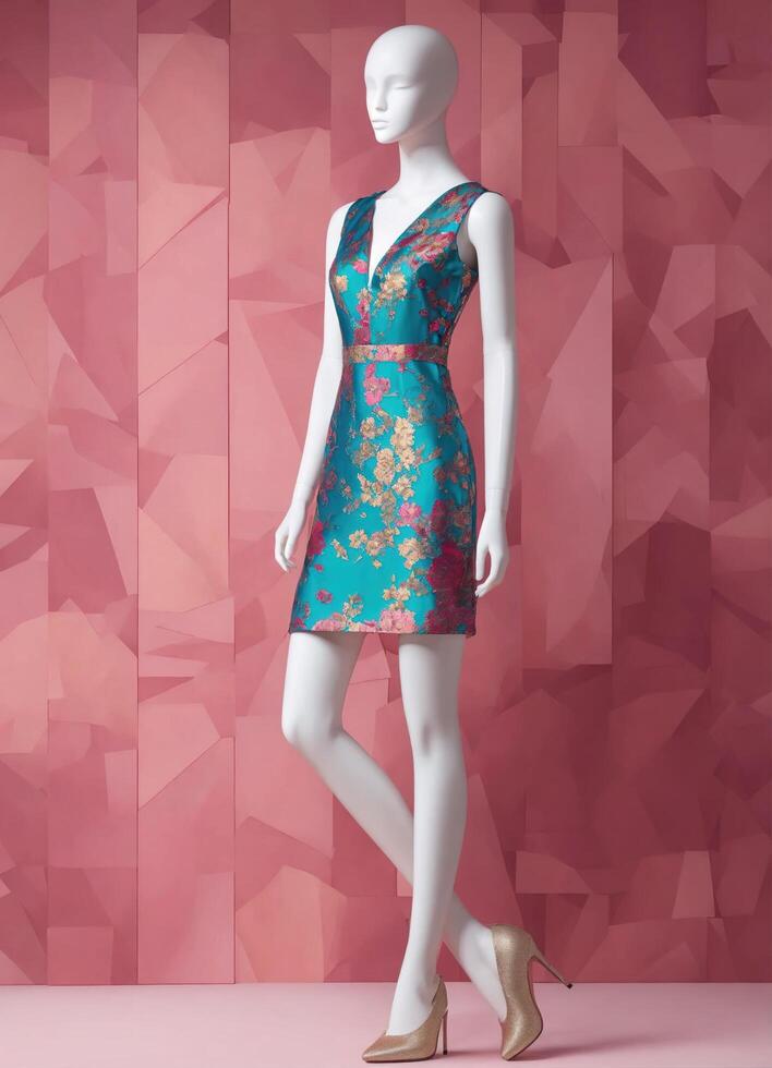 ai generiert Mini Kleid mit niedrig Ausschnitt auf ein Mannequin. ai generativ foto