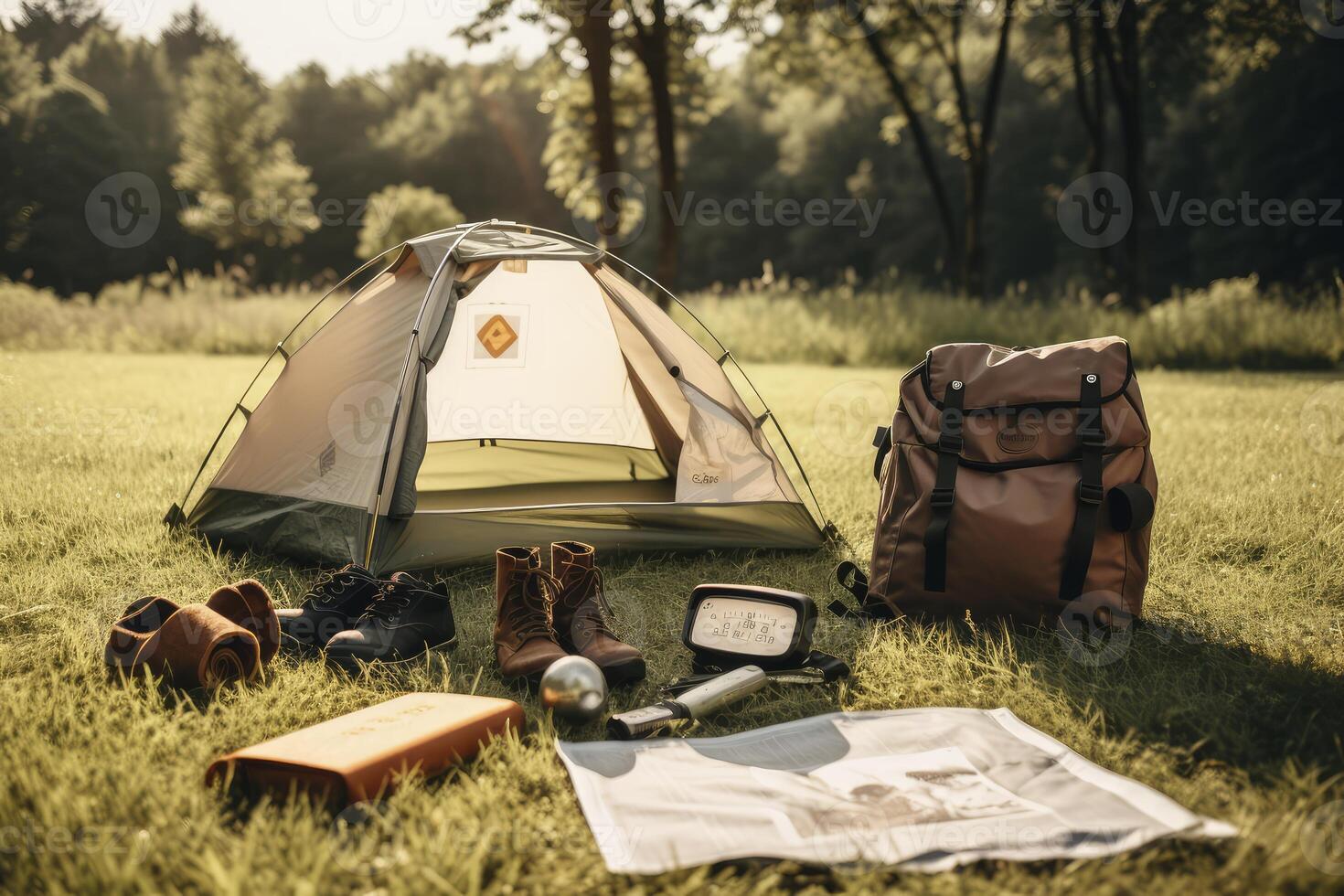 ai generiert Zelt, Rucksack, und Schuhe Sitzung im Gras, das Wesentliche zum draussen Abenteuer foto