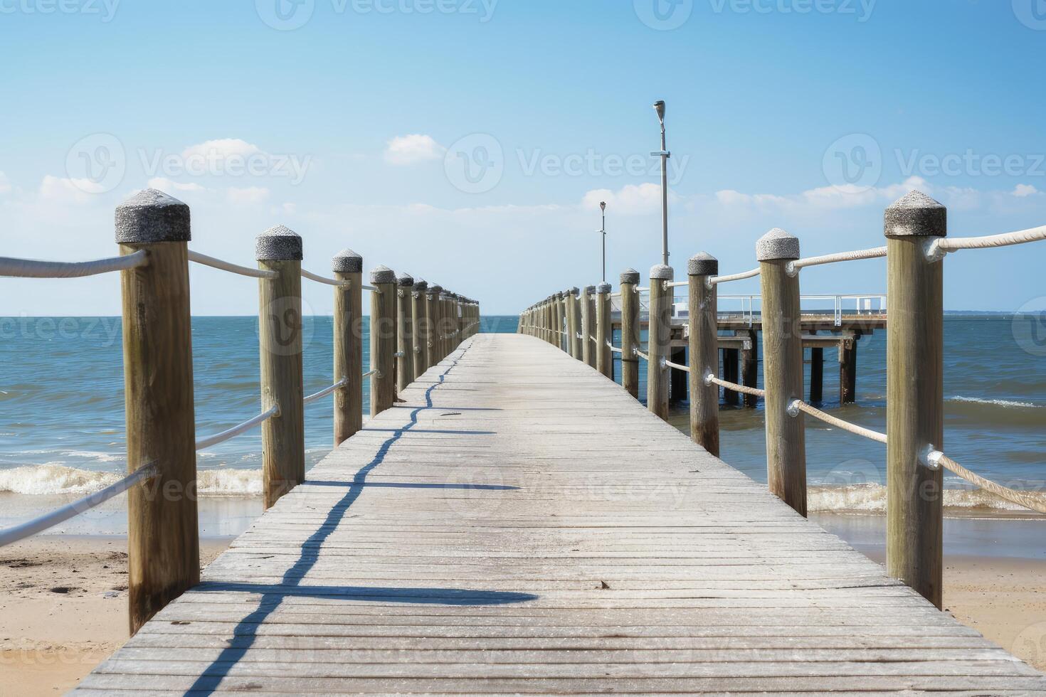 ai generiert hölzern Seebrücke mit Seil Geländer führen zu das Ozean foto