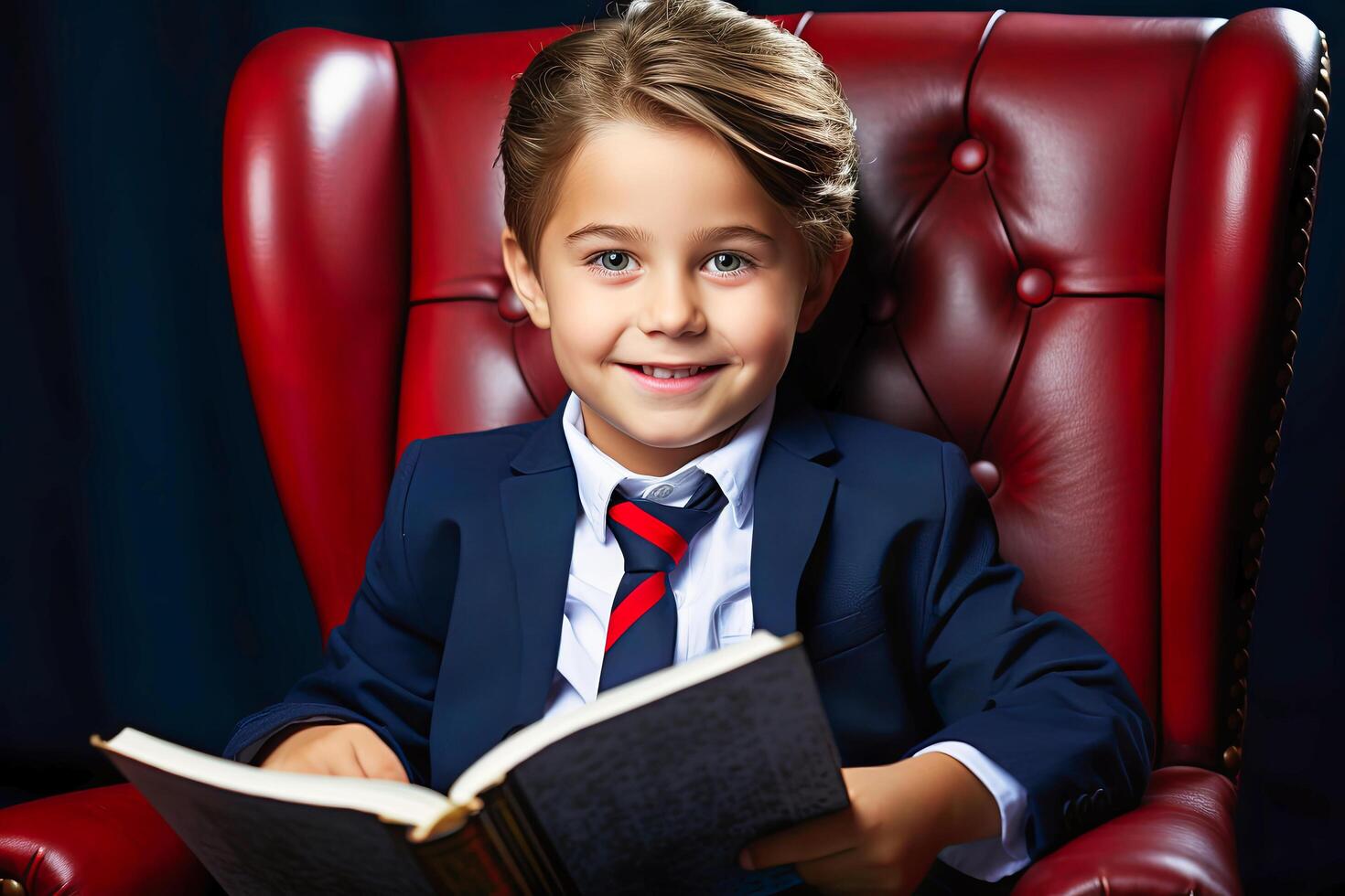 ai generiert jung Junge Sitzung auf rot Stuhl lesen Buch. foto