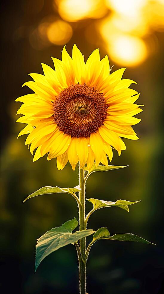 ai generiert ein beschwingt Gelb Sonnenblume mit Wasser Tröpfchen auf es ist Blütenblätter, glitzernd im das Sonnenlicht foto