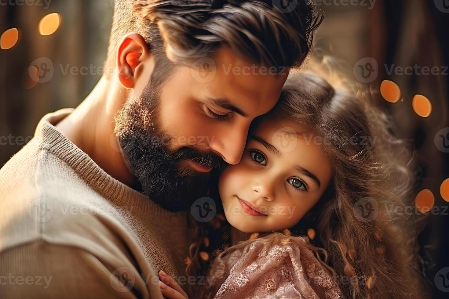 ai generiert Familie Zeit. ein Vater hält seine Tochter im seine Waffen foto