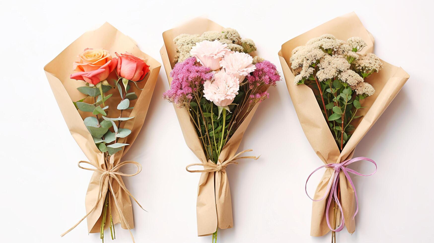 ai generiert ein Strauß von Rosa Rosen ist elegant eingewickelt im braun Papier, präsentieren das zart Schönheit von das Blumen gegen das einfach noch charmant Verpackung foto