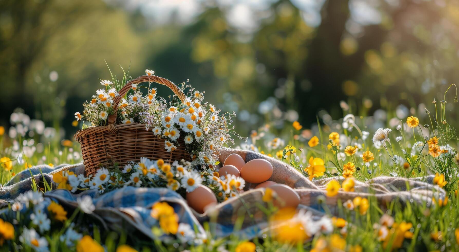 ai generiert Picknick Decke mit Korb von Eier foto