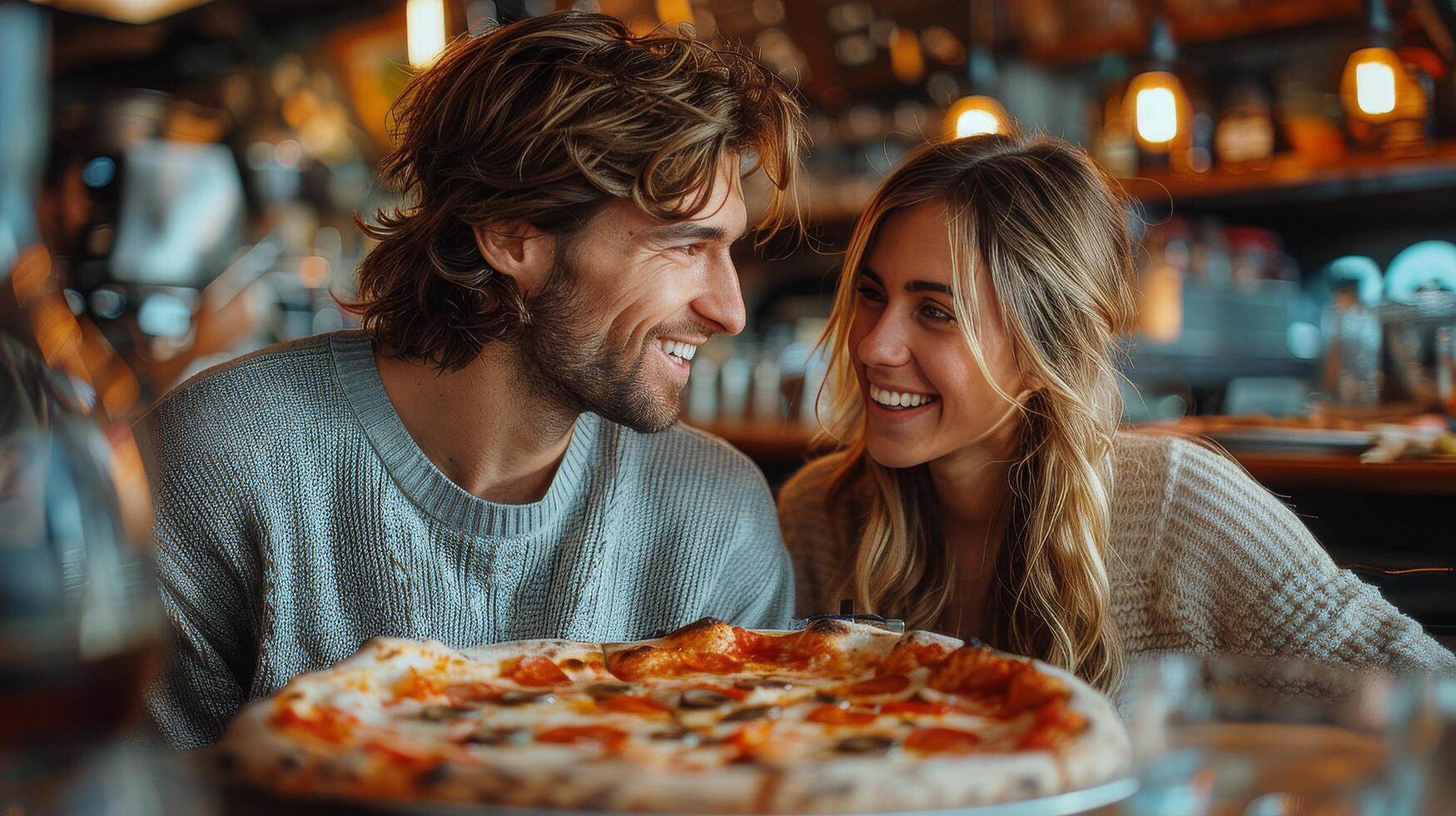ai generiert Mann und Frau haben Pizza beim Tabelle foto
