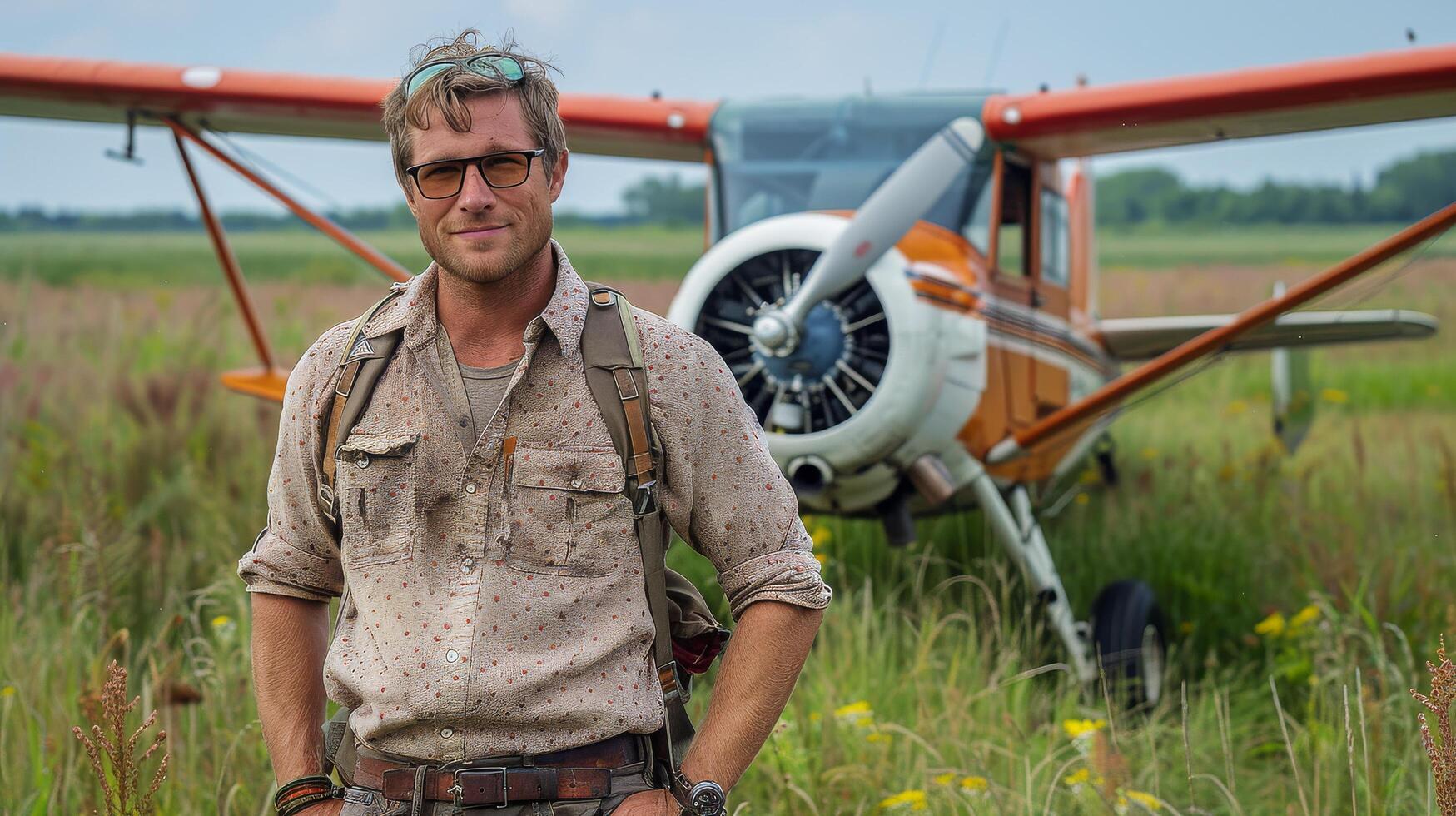 ai generiert Mann Stehen im Vorderseite von Flugzeug im Feld foto