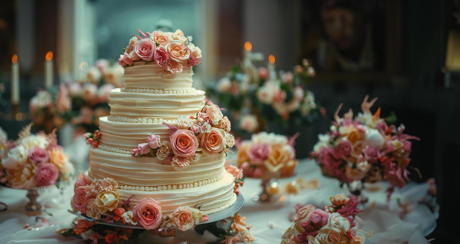 ai generiert elegant drei abgestuft Hochzeit Kuchen auf Tabelle foto