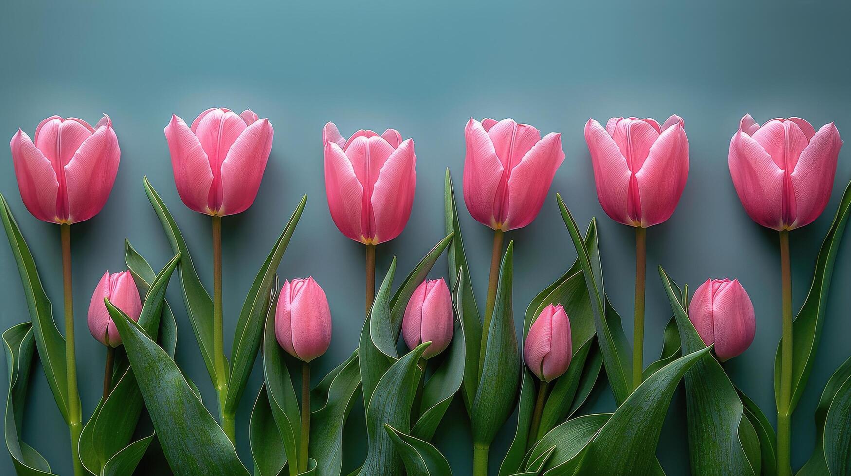 ai generiert Gruppe von Rosa Tulpen mit Grün Blätter foto