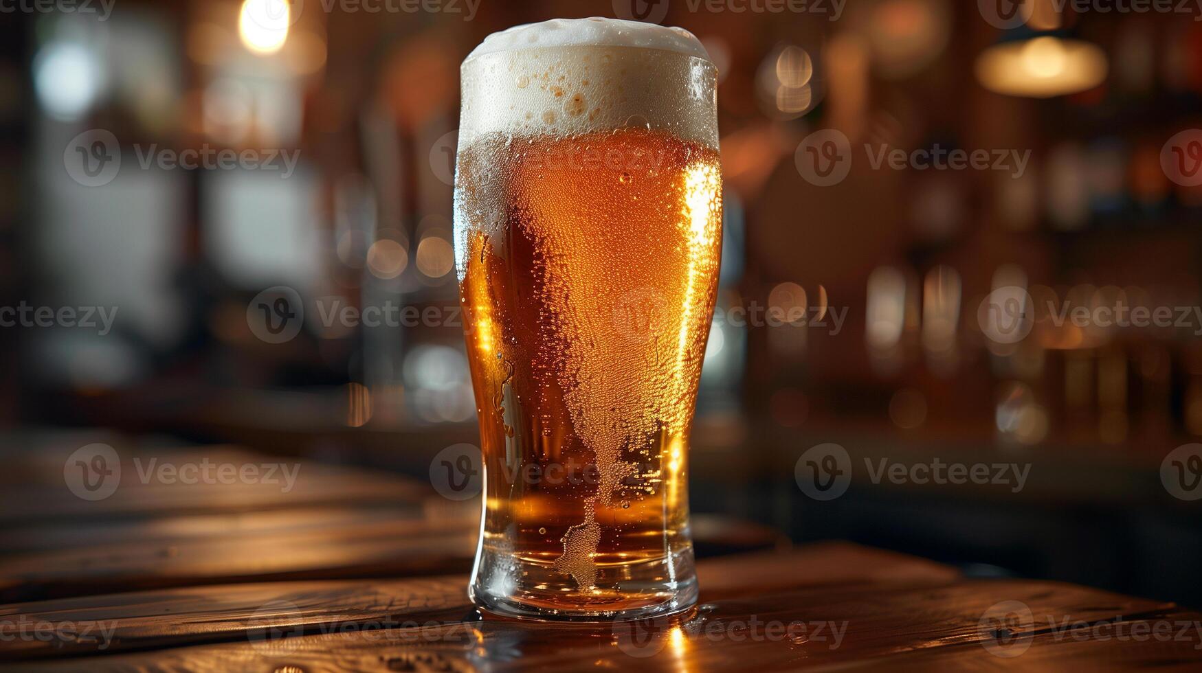 ai generiert ein Glas von Bier Sitzung auf ein hölzern Tabelle foto