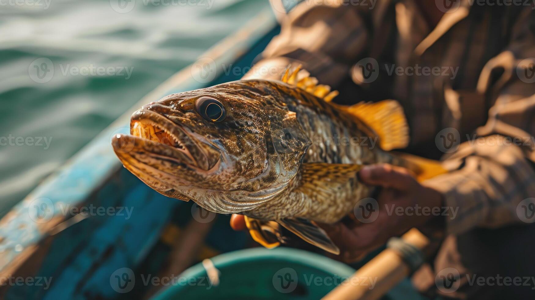 ai generiert Fischer halten ein Zackenbarsch Fisch im seine Hand auf ein Boot foto