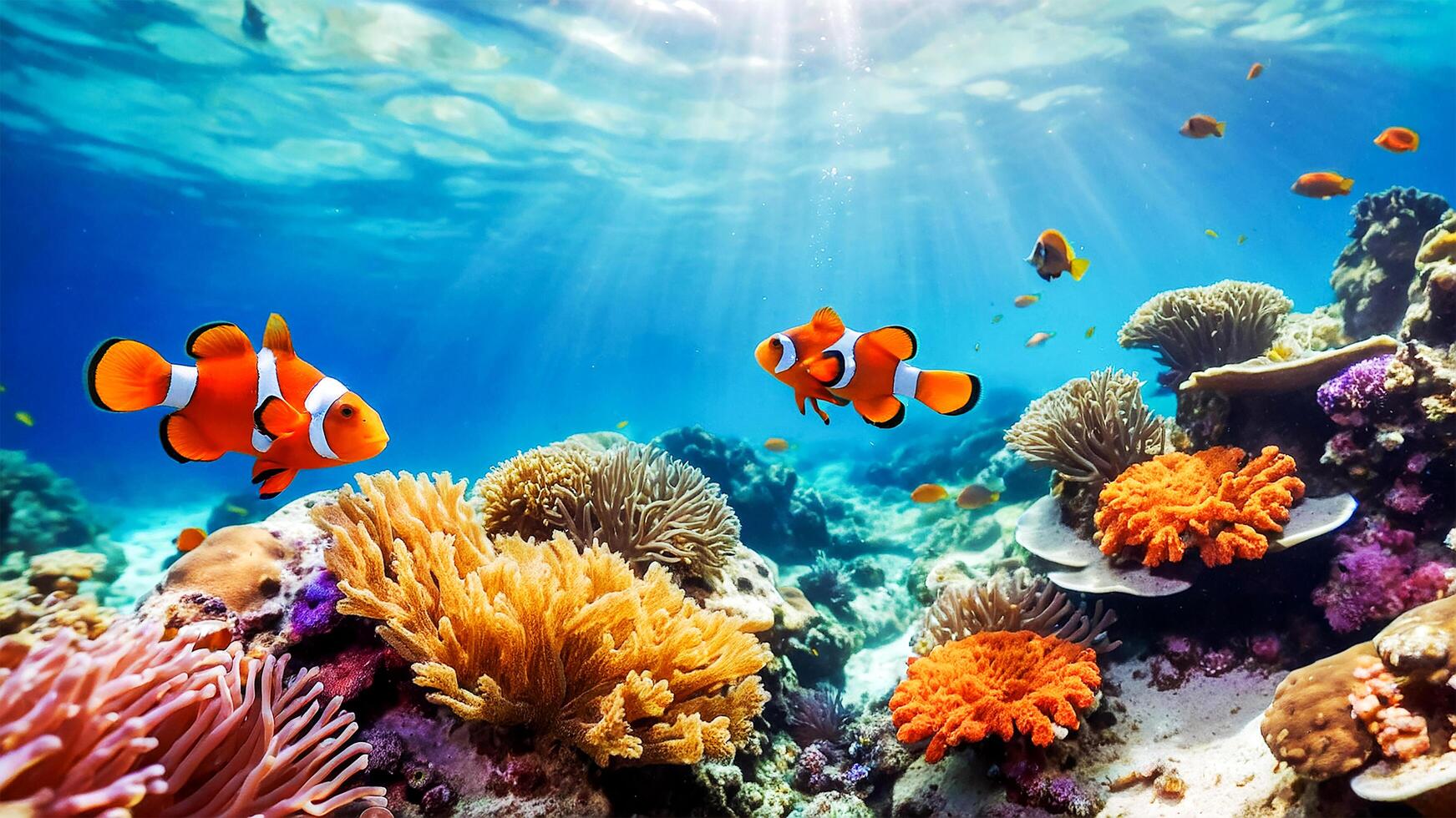 ai generiert Schönheit von das unter Wasser Welt beinhaltet Meer Anemonen, Korallen und Clown Fisch foto
