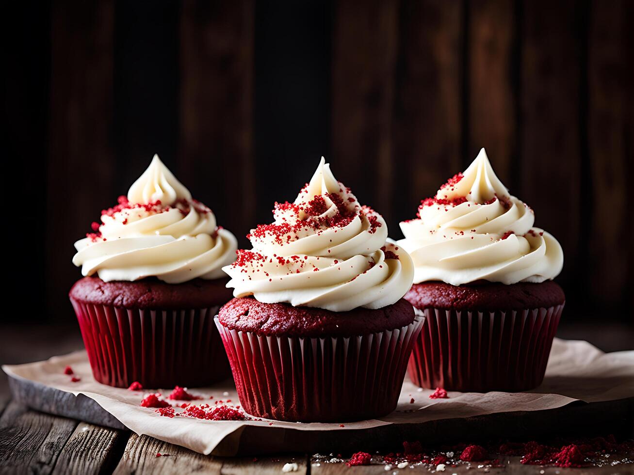 ai generiert drei rot Samt Cupcakes mit Weiß Glasur auf ein hölzern Tabelle foto