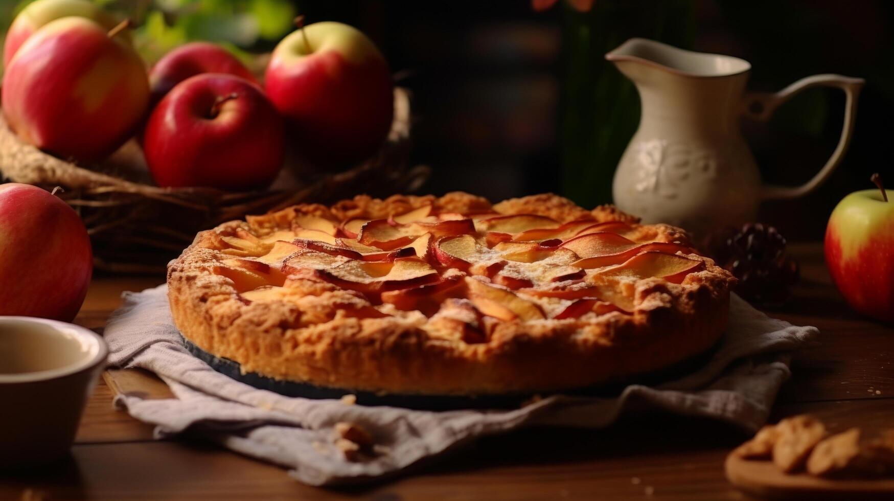 ai generiert Morgen Freude rustikal Apfel Kuchen, perfekt zum Frühstück foto