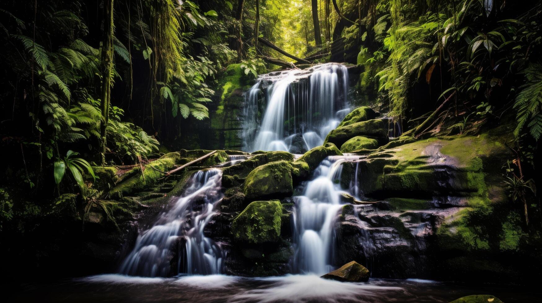 ai generiert ein atemberaubend Wasserfall fließt Nieder ein felsig Cliff umgeben durch Grün Vegetation foto