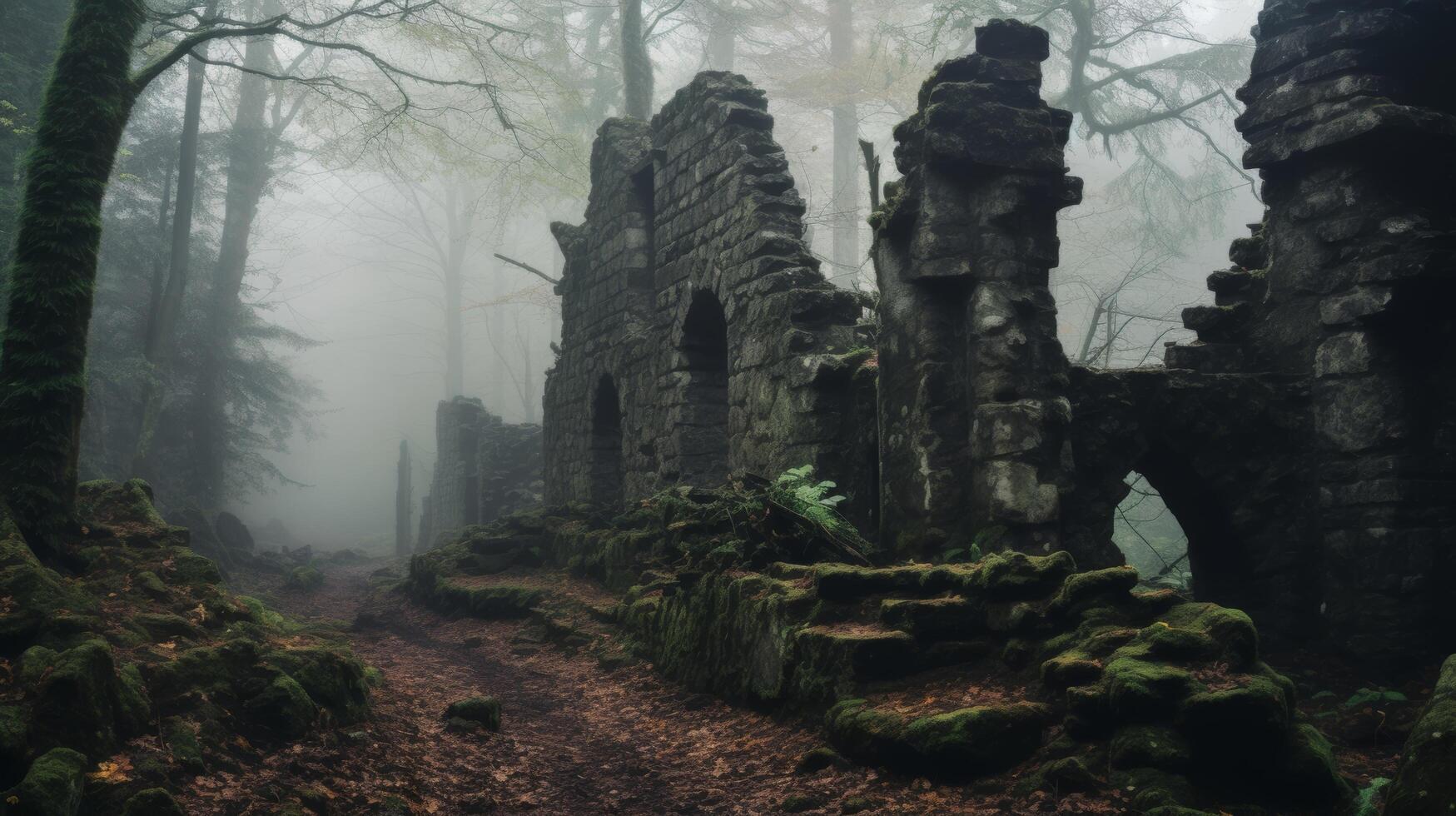 ai generiert ein mysteriös Wald Szene mit ein Stein Ruine und nebelig Laub foto