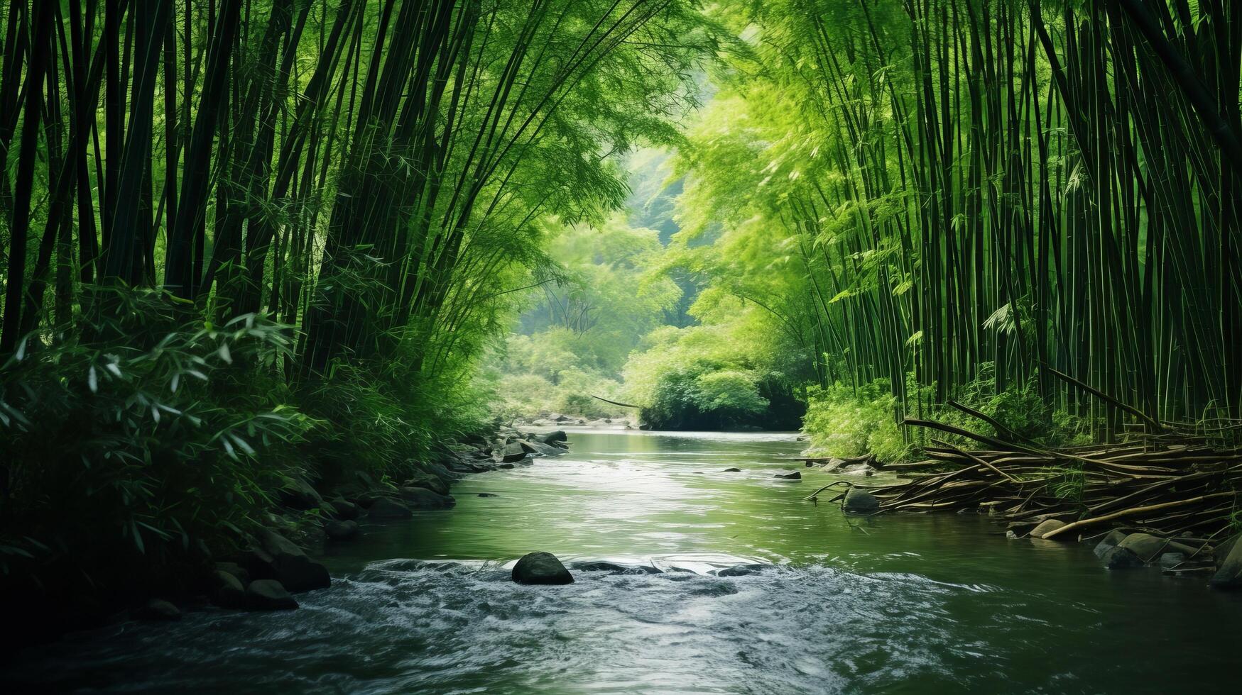 ai generiert üppig Bambus Wälder und Fernbedienung Fluss im Natur foto