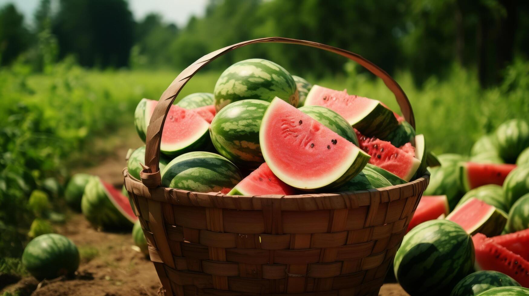 ai generiert sonnig Szene mit ein herrlich Korb von reif Wassermelone Brocken foto