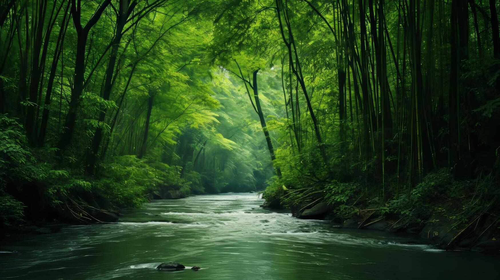 ai generiert Fluss im das wild mit Bambus Wälder und Sonnenlicht foto