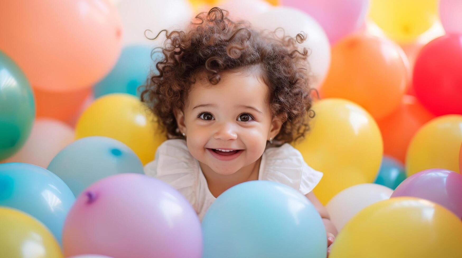 ai generiert ein Baby genießt spielen mit Luftballons von anders Farben foto