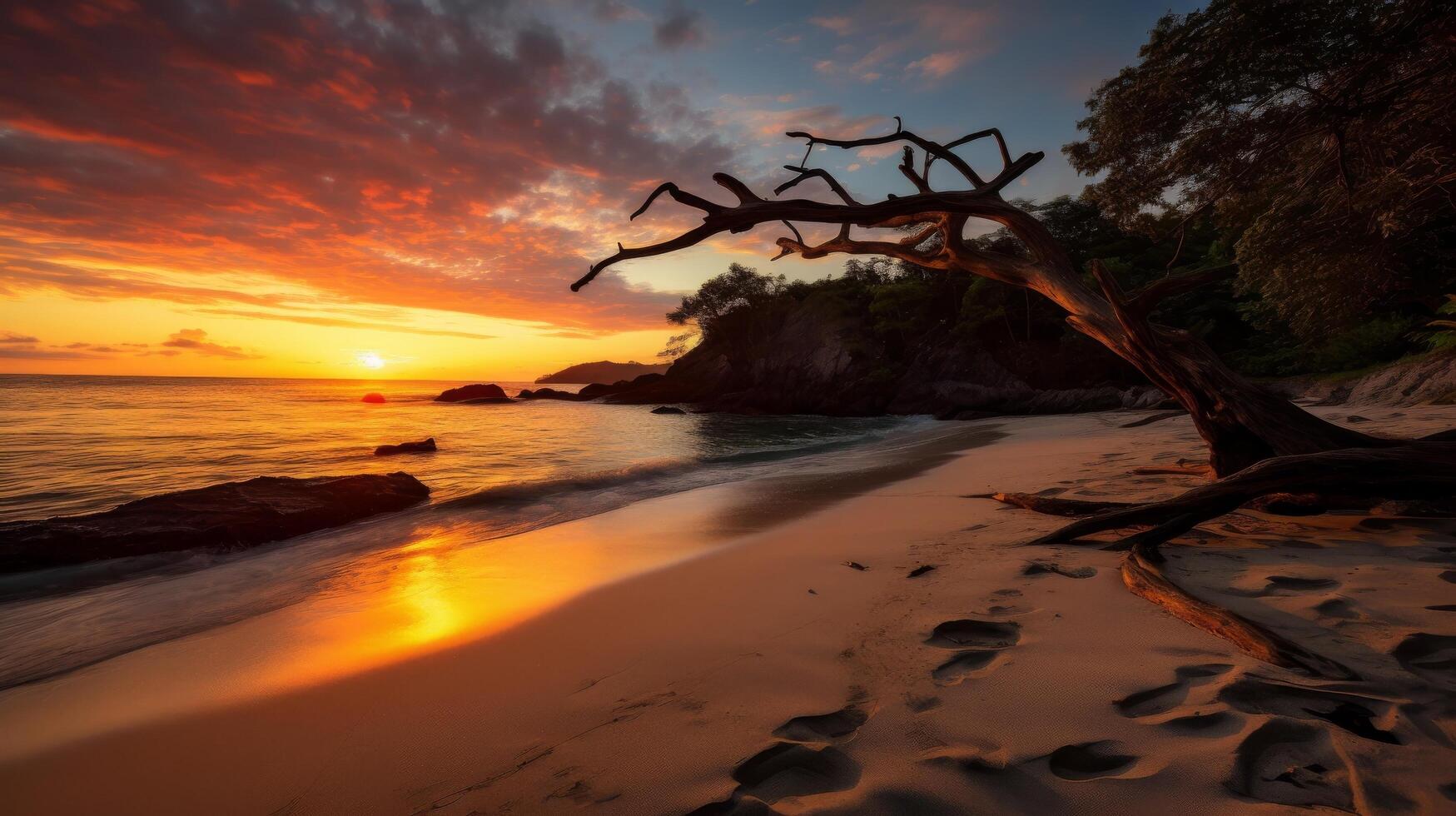 ai generiert abgelegen Strand mit feurig Himmel und Wellen im ein Fernbedienung Platz foto