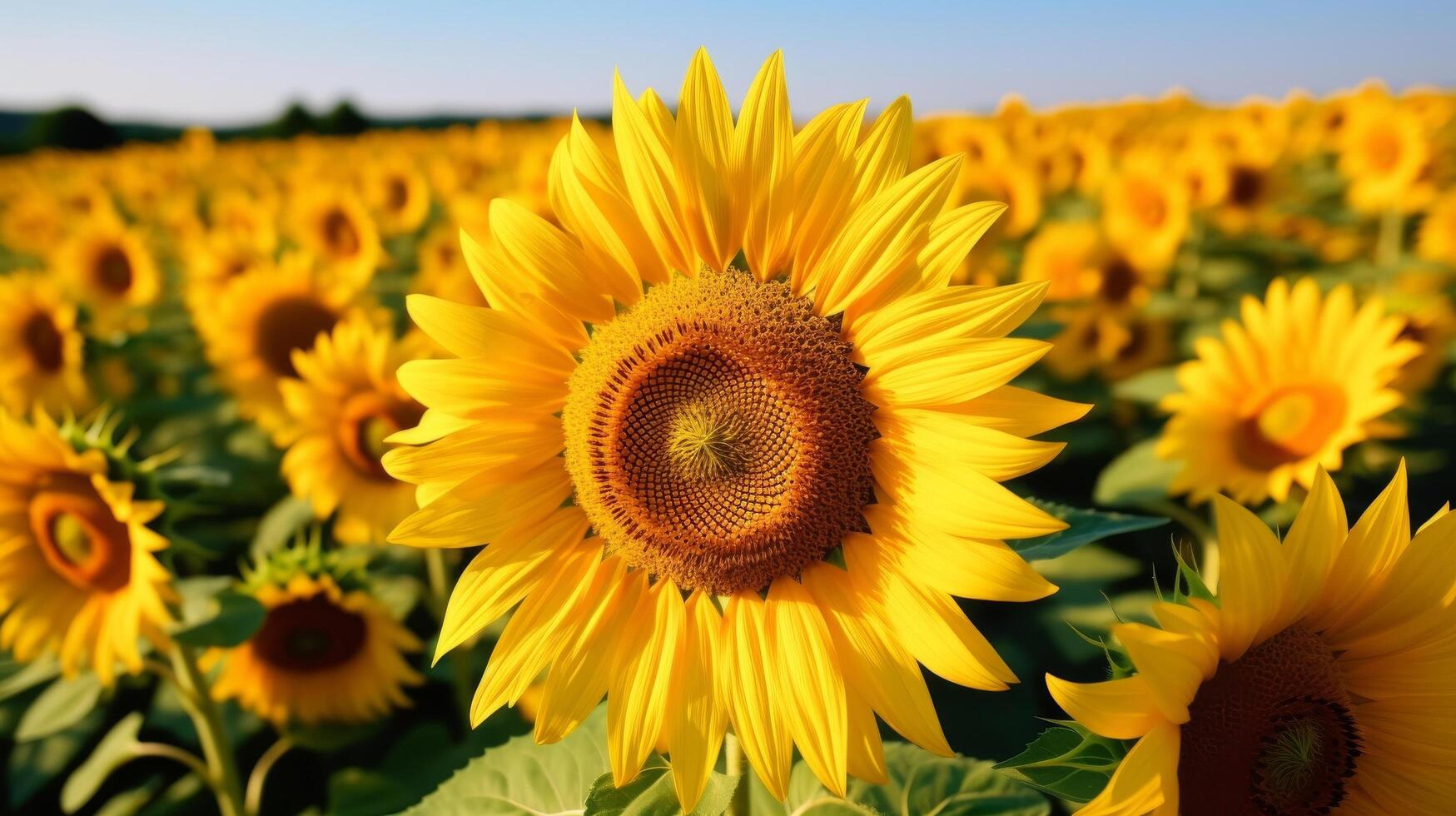 ai generiert hell Gelb Sonnenblumen im ein Grün Feld foto