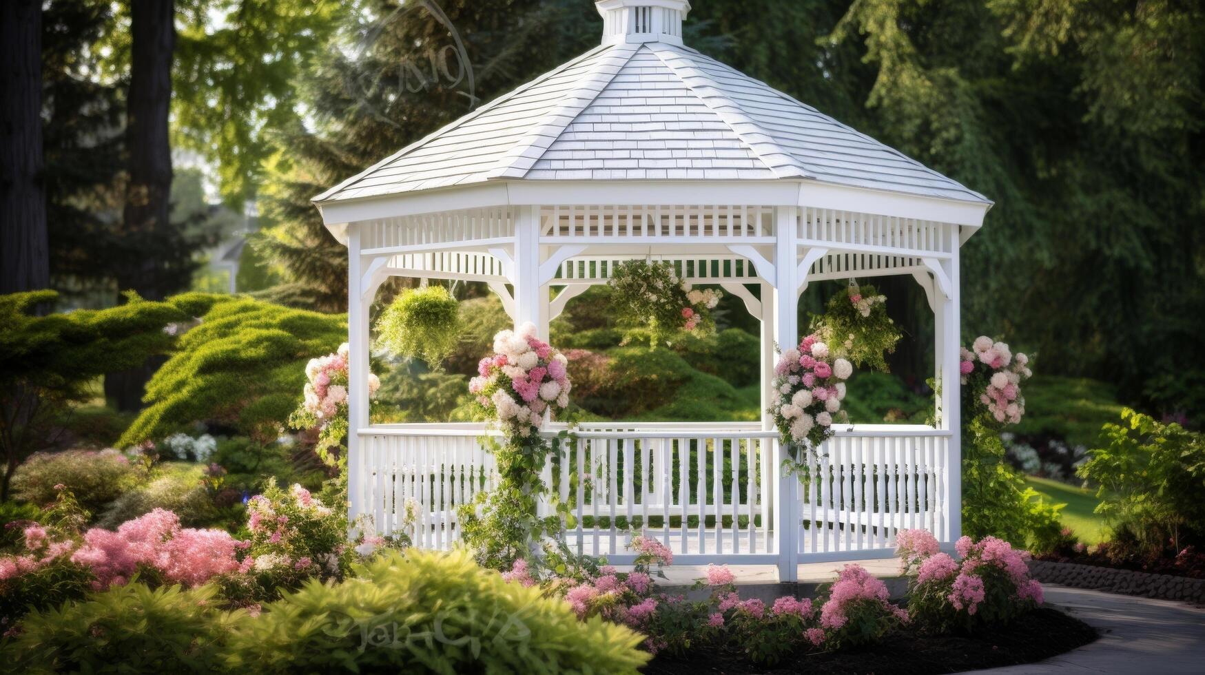 ai generiert ein Weiß Pavillon umgeben durch das Schönheit von ein Blume Garten foto