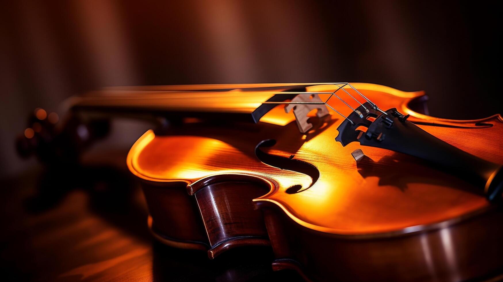 ai generiert das Saiten und Bogen von ein Violine im Nahaufnahme, mit ein verschwommen Hintergrund von Blatt Musik- foto
