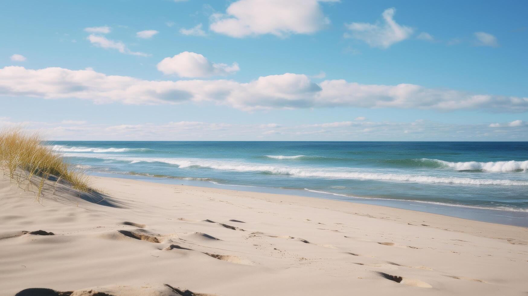 ai generiert ein friedlich Strand mit golden Sand Dünen ein entspannend und szenisch Szene foto