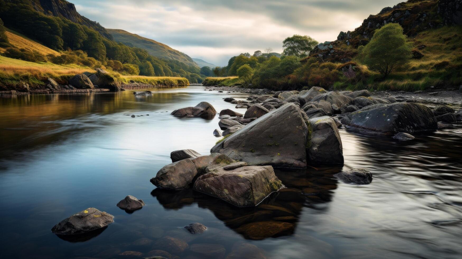 ai generiert schön Fluss im felsig Terrain mit Wolken foto