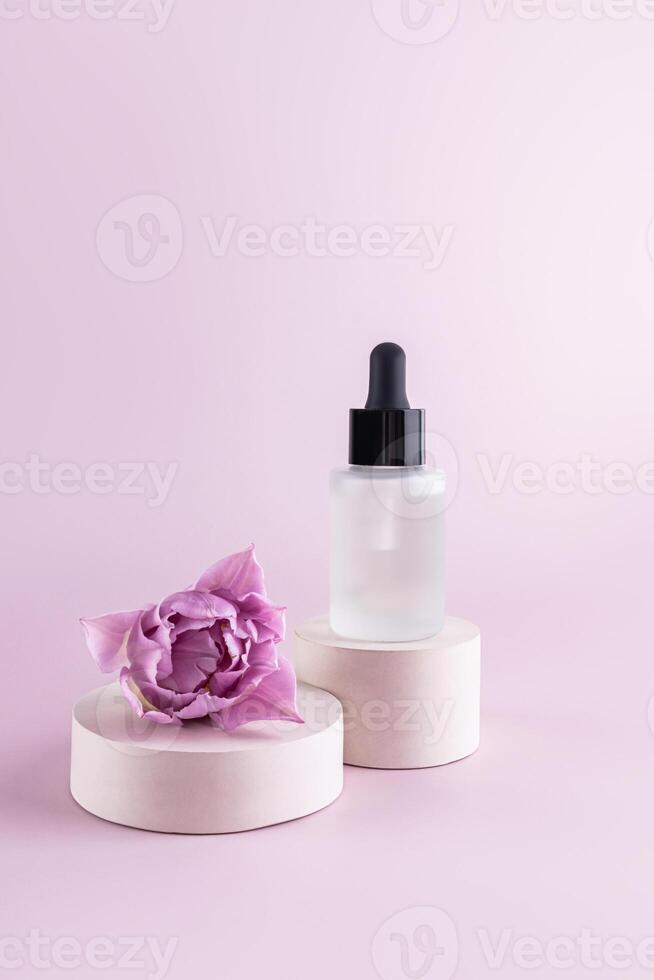 Mode Schönheit Produkt, Serum im Glas kosmetisch Flasche mit Tropfer zum Gesicht und Körper Haut Pflege Stehen auf ein runden Zement Podium mit ein Tulpe Blume foto