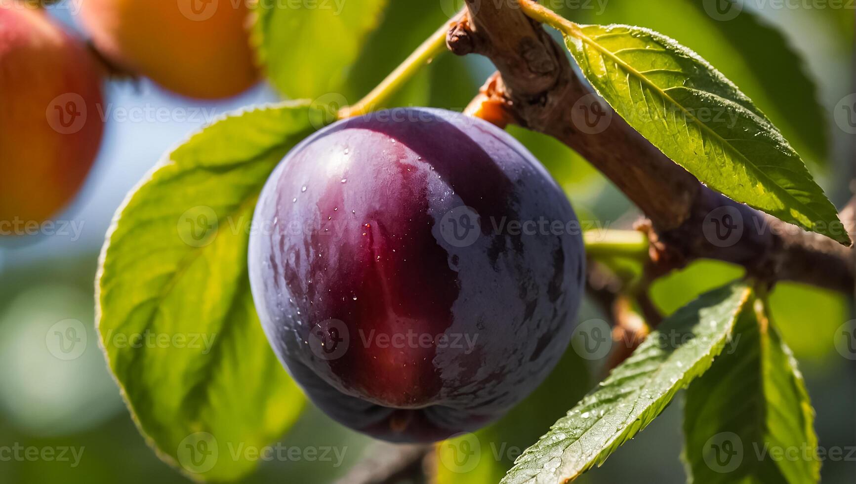 ai generiert organisch Pflaume auf ein Ast gegen das Hintergrund von das Garten foto