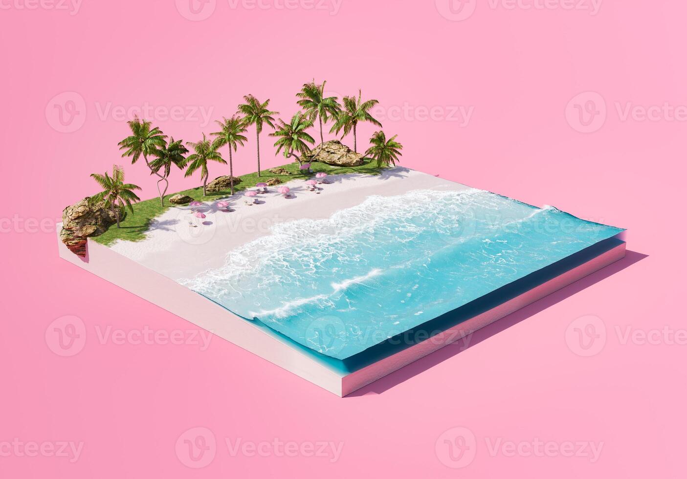 isometrisch tropisch Strand und Ozean auf Rosa Hintergrund foto