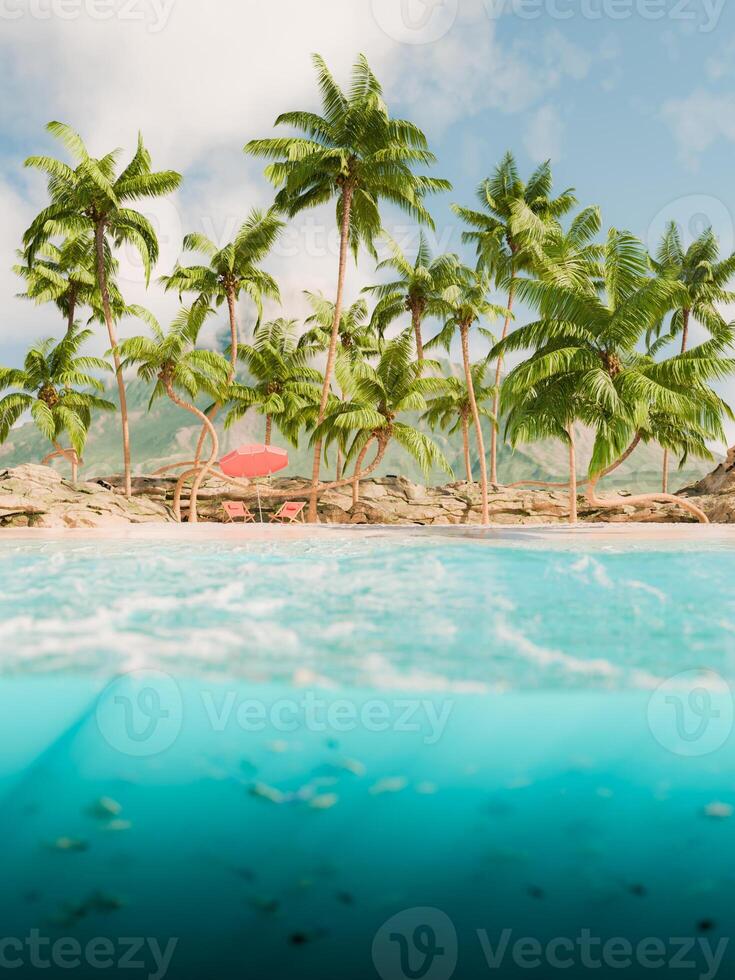 tropisch Strand mit Palme Bäume und unter Wasser Aussicht foto