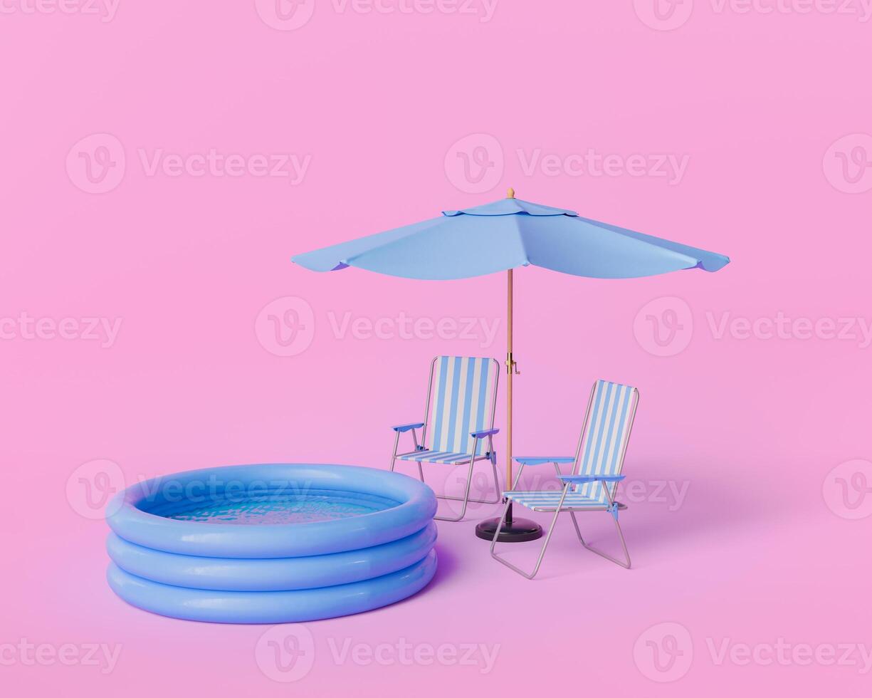 aufblasbar Schwimmbad mit Blau Regenschirm und gestreift Stühle auf Rosa Hintergrund foto