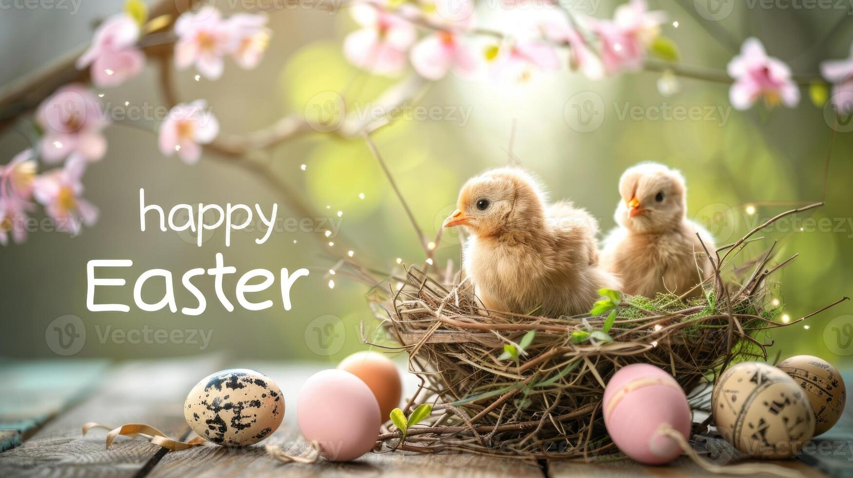 ai generiert glücklich Ostern. Gruß Banner Postkarte mit Nest mit Küken auf hölzern Hintergrund. foto